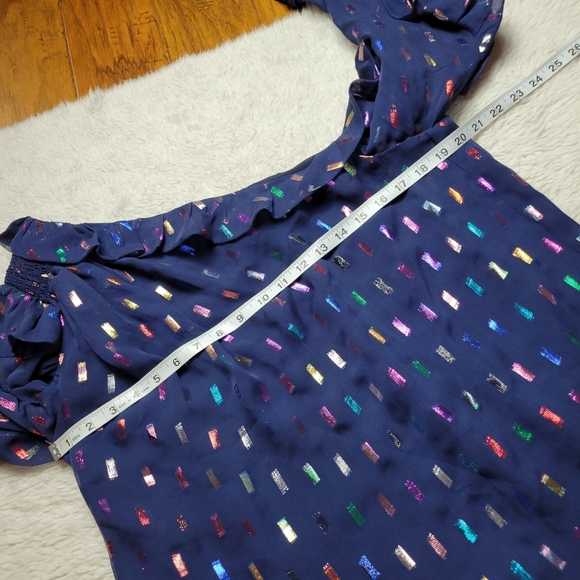 Monique Lhuillier Silk Blouse Women's Medium Metallic Asymmetrical Ruffles - Picture 8 of 9